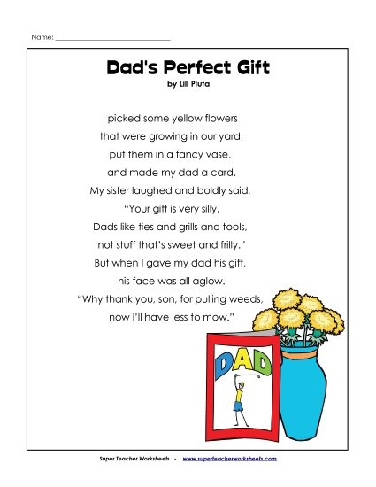 Reading Comprehension - Dad's Perfect Gift (Poem) (Printable PDF Worksheet)