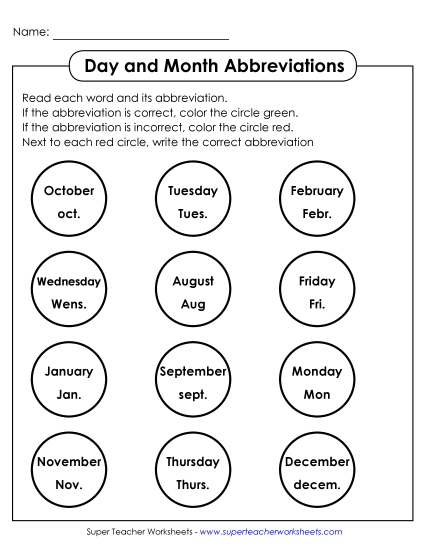 Days and Months - Day Month Coloring Abbreviations (Printable PDF Worksheet)
