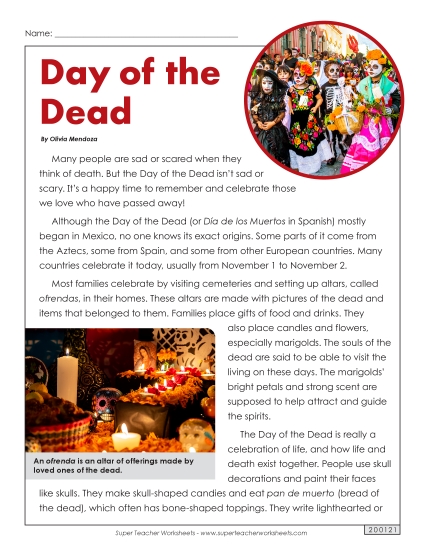 Reading Comprehension - Day of the Dead Article (Printable PDF Worksheet)