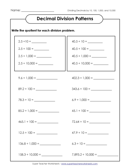 Decimal Division Patterns - Decimal Division Patterns (Printable PDF Worksheet)