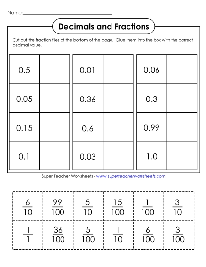 Tenths & Hundredths Mixed - Decimal-Fraction Cut-and-Glue (Printable PDF Worksheet)
