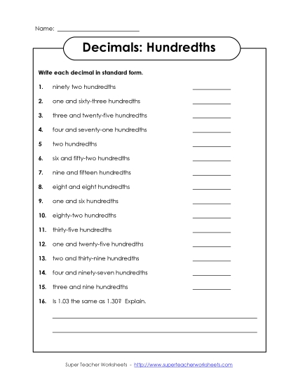 Hundredths - Decimal Names - Hundredths (Printable PDF Worksheet)