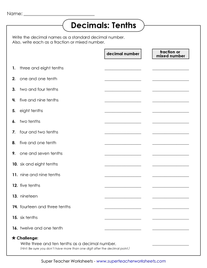 Tenths - Decimal Names - Tenths (Printable PDF Worksheet)