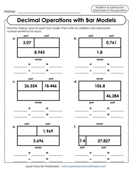 Thousandths - Decimal Operations to the Thousandths with Bar Models  (Printable PDF Worksheet)