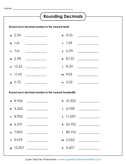 Nearest Tenth, Hundredth, Whole Number (Mixed) - Decimal Rounding - Tenths and Hundredths (Printable PDF Worksheet)