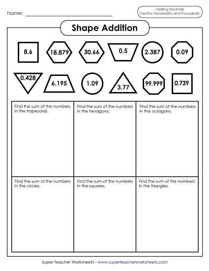 Thousandths - Decimal Shape Addition (Tenths, Hundredths, Thousandths) (Printable PDF Worksheet)