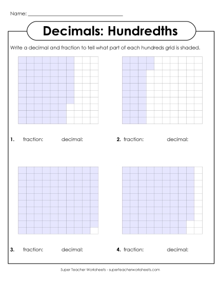 Hundredths - Decimals Hundredths (100 Boxes) (Printable PDF Worksheet)