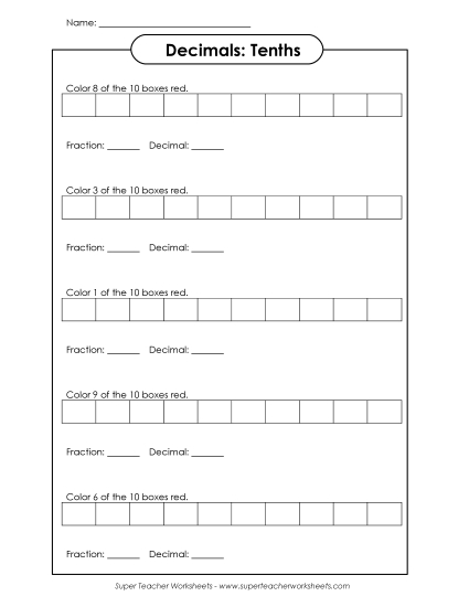 Tenths - Decimals Tenths: Shade the Boxes (Printable PDF Worksheet)