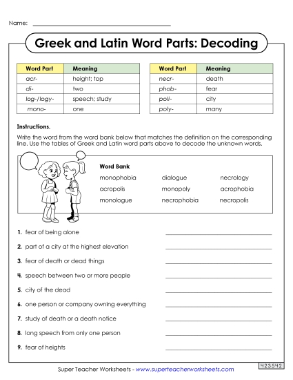 Worksheets - Decoding Words with Greek and Latin Word Parts (Printable PDF Worksheet)