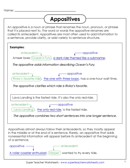Anchor Charts - Defining Appositives (Printable PDF Worksheet)