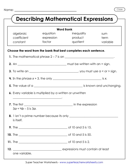 Key Terms - Describing Mathematical Expressions (Cloze) (Printable PDF Worksheet)