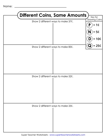 Coins Only (No Bills) - Different Coins, Same Amount (Printable PDF Worksheet)