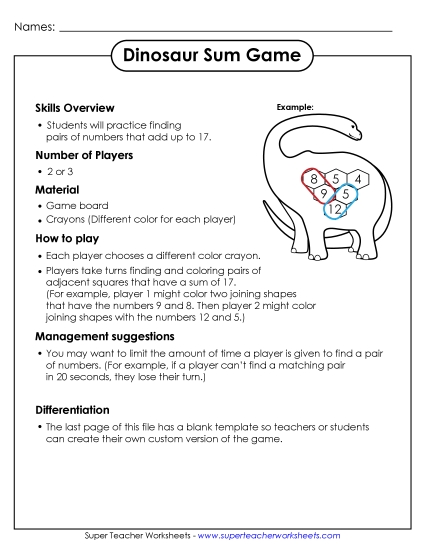 Sum Game - Dinosaur Sum Game (Printable PDF Worksheet)