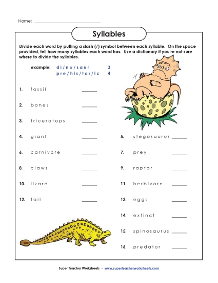 Grammar & Phonics - Dinosaur Syllables (Printable PDF Worksheet)