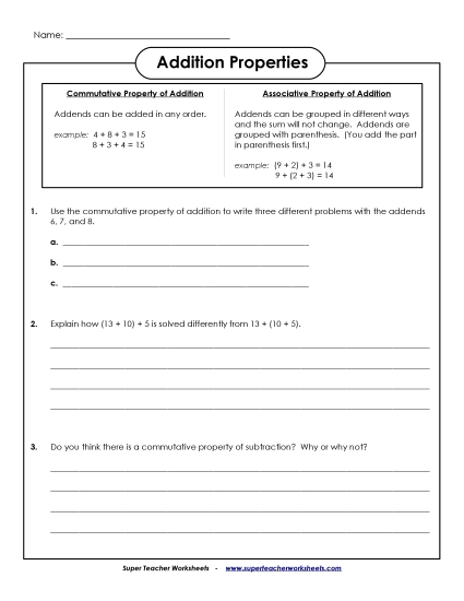 Basic - Discuss & Write: Addition Properties (Printable PDF Worksheet)