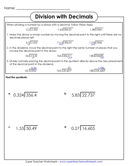 Decimals in the Divisor and Dividend (Level: Advanced) - Dividing Decimals Advanced (Printable PDF Worksheet)