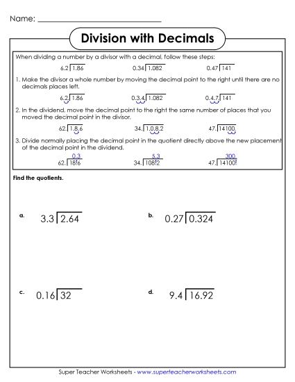 Decimals in the Divisors and Dividends (Level: Intermediate) - Dividing Decimals Intermediate (Printable PDF Worksheet)