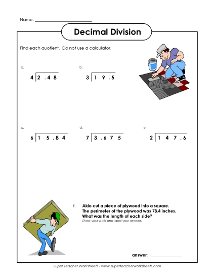 Decimals in the Dividends (Level: Basic) - Dividing Decimals (Printable PDF Worksheet)
