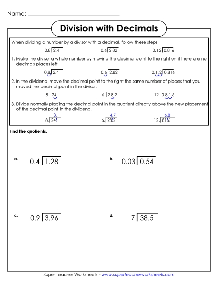 Decimals in the Divisors and Dividends (Level: Basic) - Dividing Decimals (Printable PDF Worksheet)