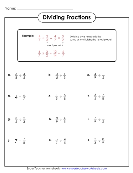 Dividing Fractions - Dividing Fractions (Introduction) (Printable PDF Worksheet)