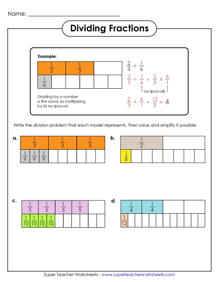 Dividing Fractions - Dividing Fractions (with Diagrams) (Printable PDF Worksheet)
