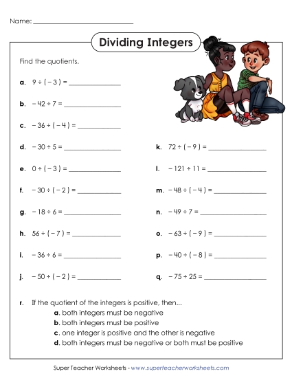 Dividing Integers - Dividing Integers (Printable PDF Worksheet)