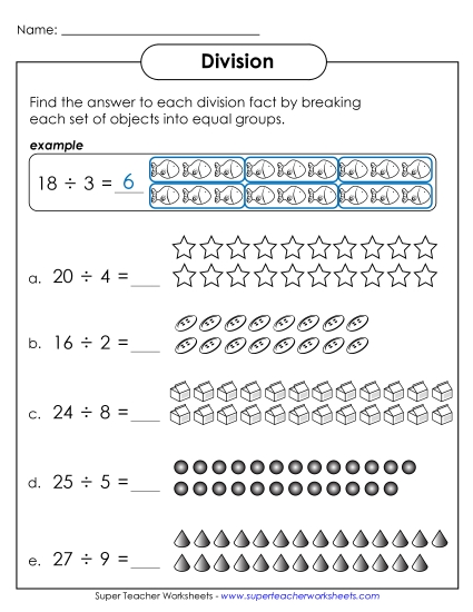 Worksheets - Dividing Into Equal Groups (Printable PDF Worksheet)