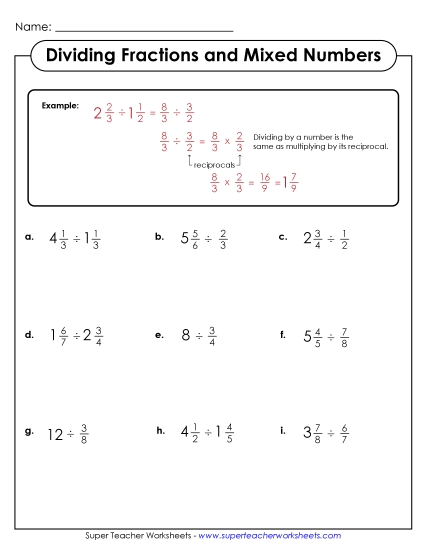 Dividing Mixed Numbers - Dividing Mixed Numbers (Introduction) (Printable PDF Worksheet)