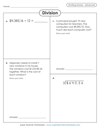 Dividing Money Variety Worksheet (Advanced) (Printable PDF Worksheet)