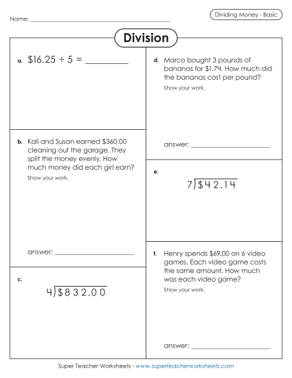 Dividing Money Variety Worksheet (Basic) (Printable PDF Worksheet)