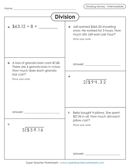 Dividing Money Variety Worksheet (Intermediate) (Printable PDF Worksheet)