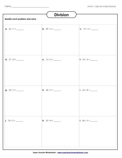 2-Digit Dividends (Remainders) - Division Boxes: 2-Digit Dividends (Printable PDF Worksheet)