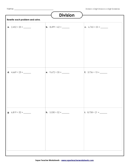 2-Digit Divisors 4-Digit Dividends - Division Boxes: 2-Digit Divisors; 4-Digit Dividends (Printable PDF Worksheet)