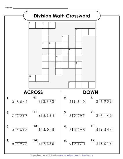 4-Digit Dividends - Division Crossword (4-Digit Dividends) (Printable PDF Worksheet)