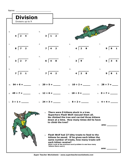 Worksheets - Division Facts: Divisors Up to 9 (Printable PDF Worksheet)