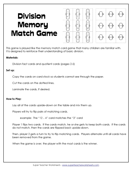 Games - Division Memory Match (Printable PDF Worksheet)