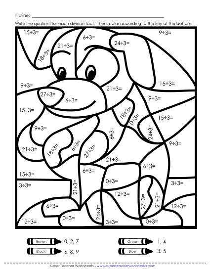 Mystery Pictures - Division Mystery Pic: Dog (3s Only) (Printable PDF Worksheet)