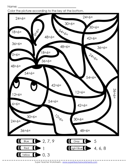 Mystery Pictures - Division Mystery Pic: Whale (6s Only) (Printable PDF Worksheet)