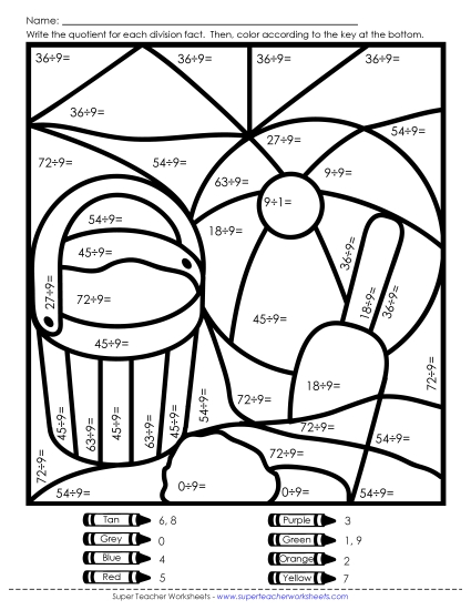 Mystery Pictures - Division Mystery Picture: Beach (Printable PDF Worksheet)