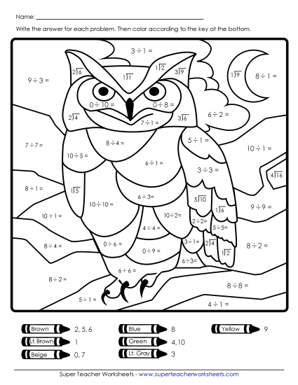Mystery Pictures - Division Mystery Picture: Owl (Printable PDF Worksheet)