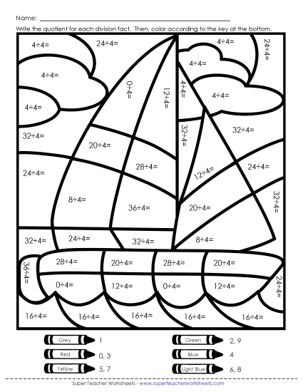Division - Division: Sailboat (4s Only) (Printable PDF Worksheet)