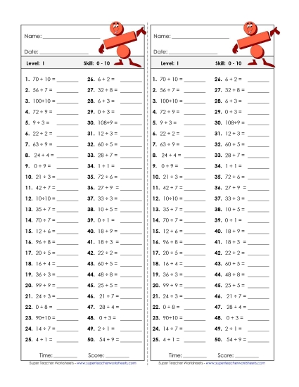 Timed Quizzes - Division Timed Quiz 0 - 10 (Printable PDF Worksheet)
