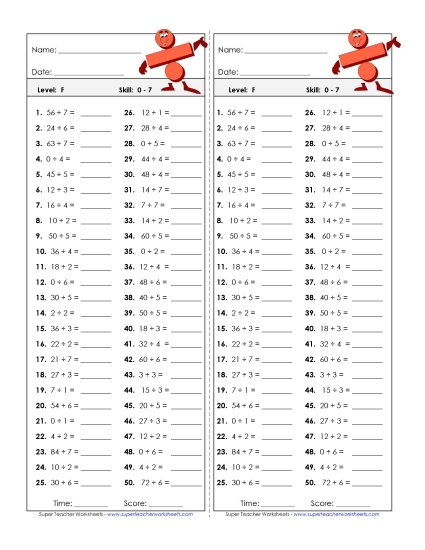 Timed Quizzes - Division Timed Quiz 0 - 7 (Printable PDF Worksheet)