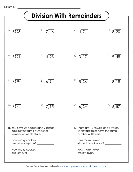 2-Digit Dividends (Remainders) - Division w/ Remainders 2 (Printable PDF Worksheet)