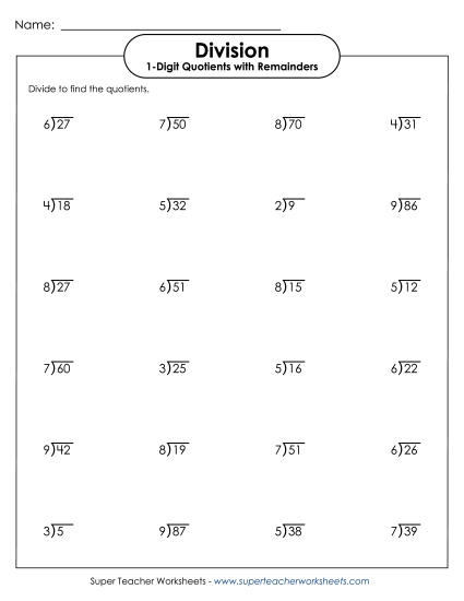 Basic Remainders - Division with Remainders (Printable PDF Worksheet)