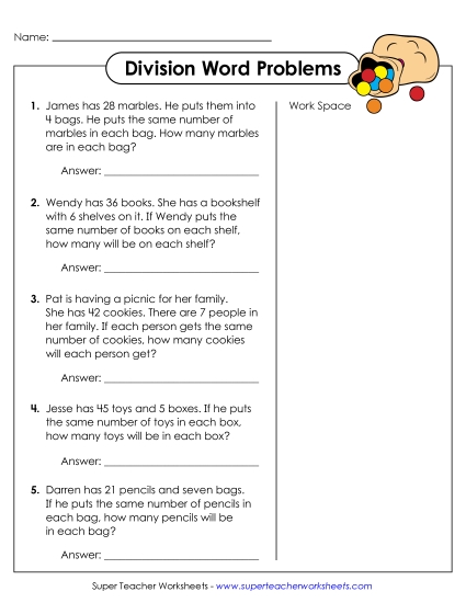 Division - Division Word Problems (Basic Facts) (Printable PDF Worksheet)
