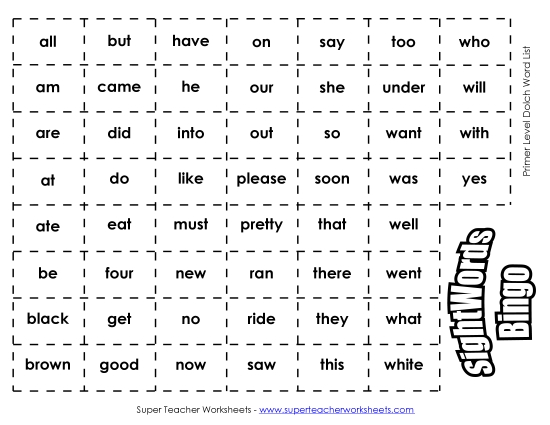 Primer - Dolch Bingo - Primer (Printable PDF Worksheet)