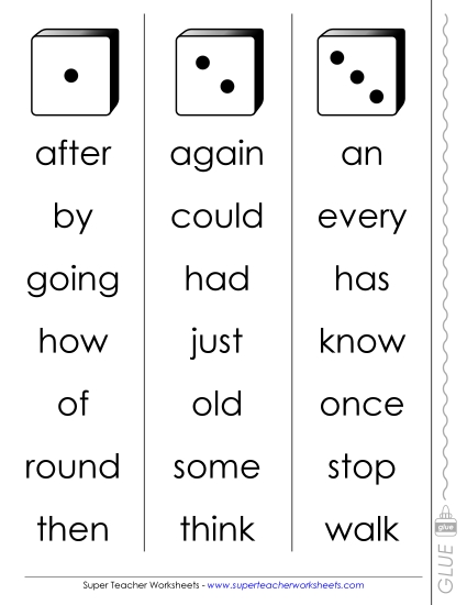 Level 1 - Dolch Dice Fluency Game: Level 1 (Printable PDF Worksheet)