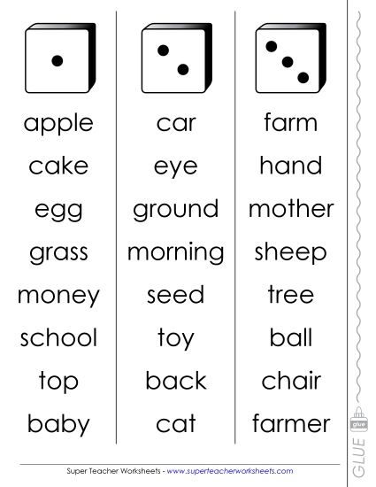 Nouns - Dolch Dice Fluency Game: Nouns #1 (Printable PDF Worksheet)