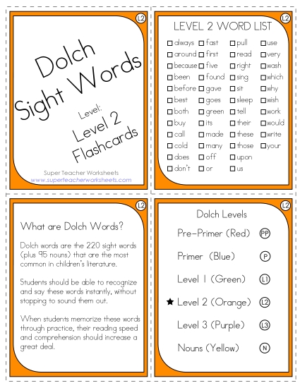 Level 2 - Dolch Flashcards - Level 2 (Printable PDF Worksheet)
